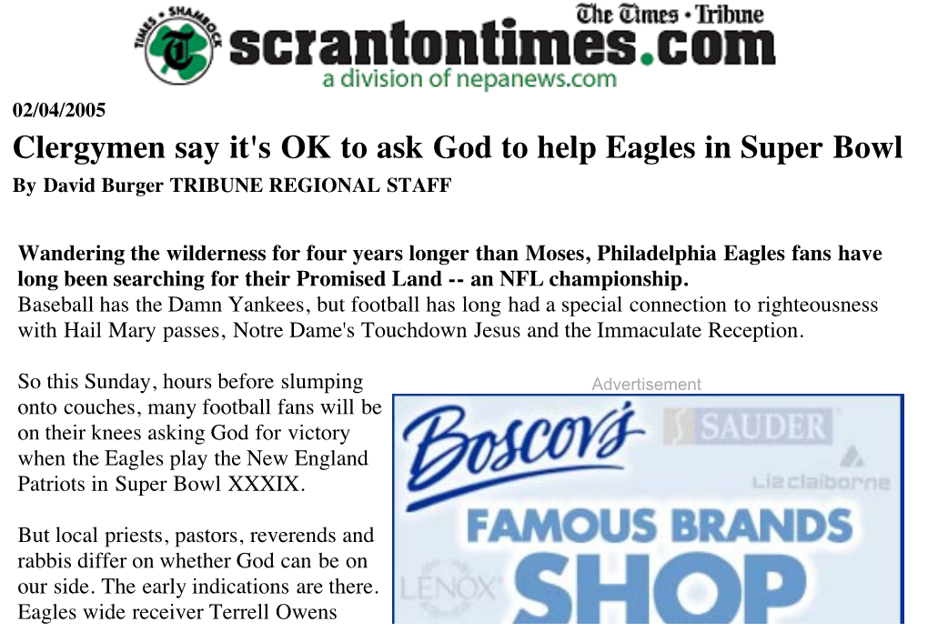 Clergymen Say It's OK to Ask God to Help Eagles in Super Bowl by David Burger TRIBUNE REGIONAL STAFF