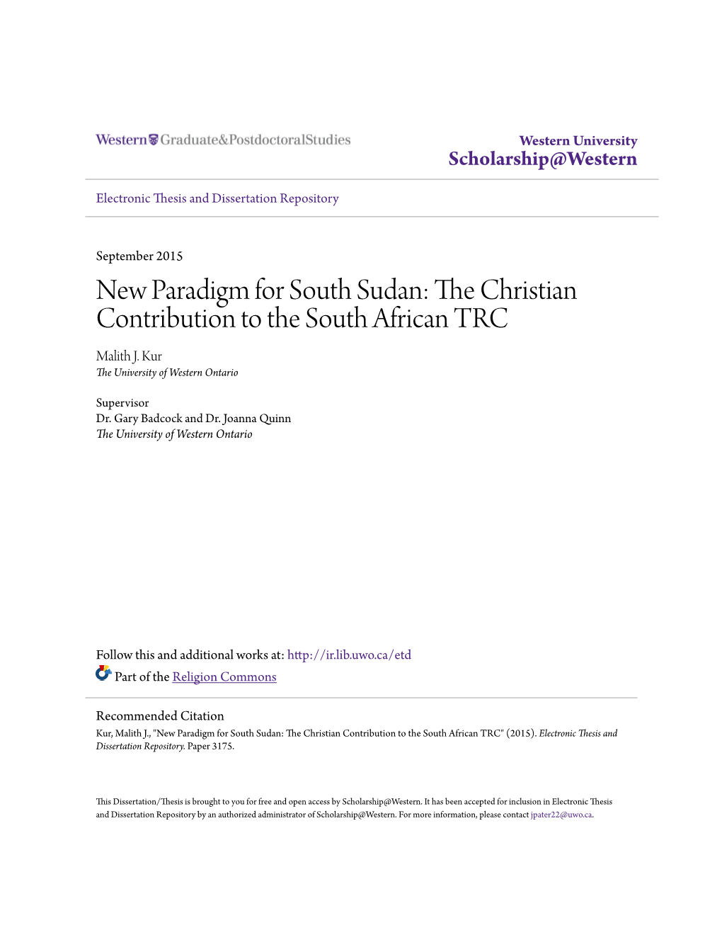 The Christian Contribution to the South African TRC