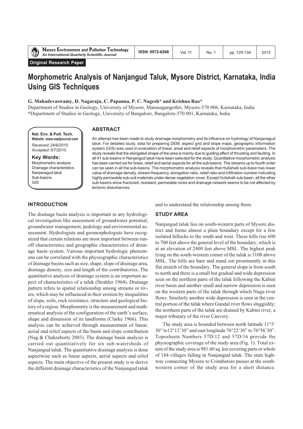 Morphometric Analysis of Nanjangud Taluk, Mysore District, Karnataka, India Using GIS Techniques