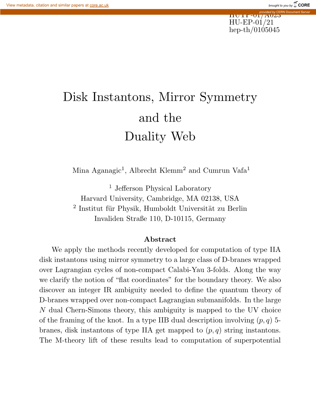 Disk Instantons, Mirror Symmetry and the Duality Web