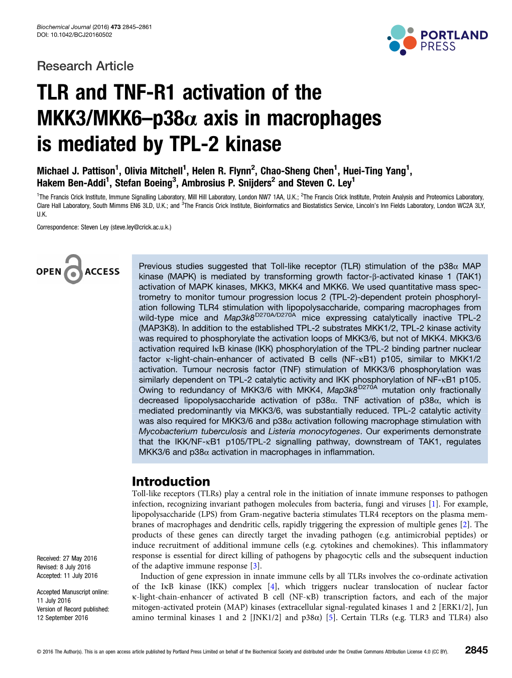 TLR and TNF-R1 Activation of the MKK3/MKK6–P38α Axis in Macrophages Is Mediated by TPL-2 Kinase