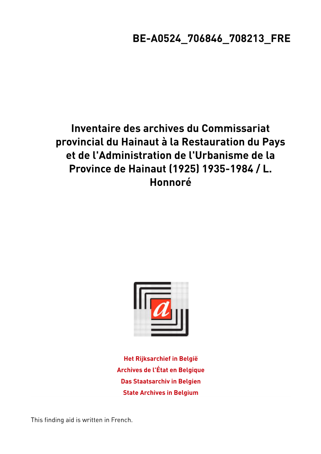 Administration De L'urbanisme De La Province De Hainaut (1925) 1935-1984 / L