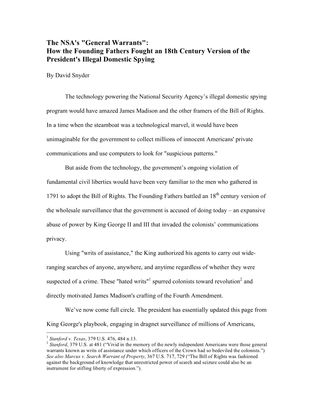 The NSA's "General Warrants": How the Founding Fathers Fought an 18Th Century Version of the President's Illegal Domestic Spying