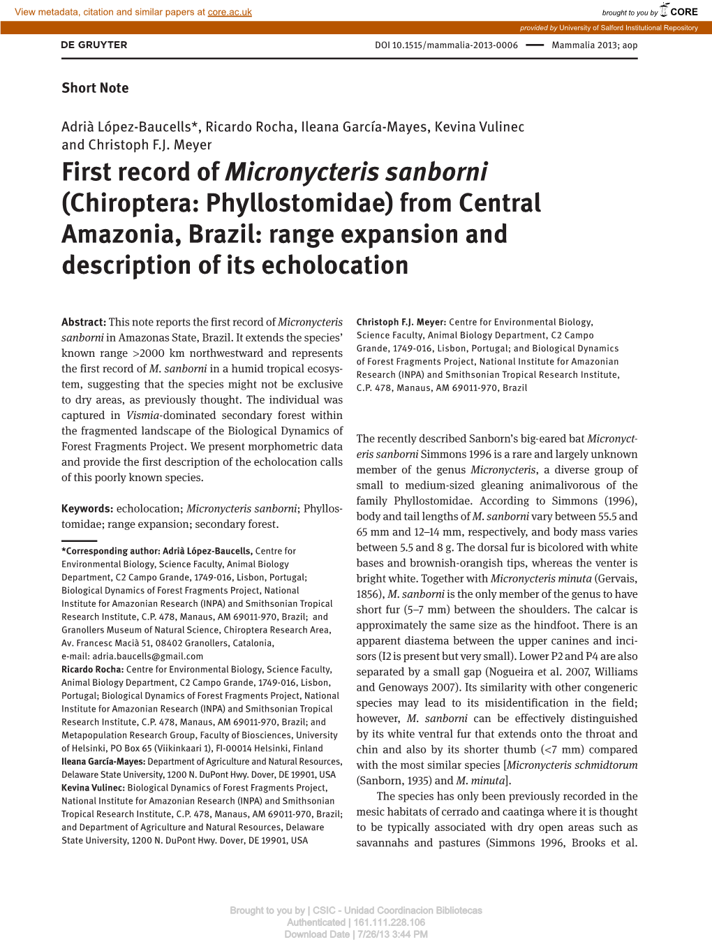 First Record of Micronycteris Sanborni (Chiroptera: Phyllostomidae) from Central Amazonia, Brazil: Range Expansion and Description of Its Echolocation