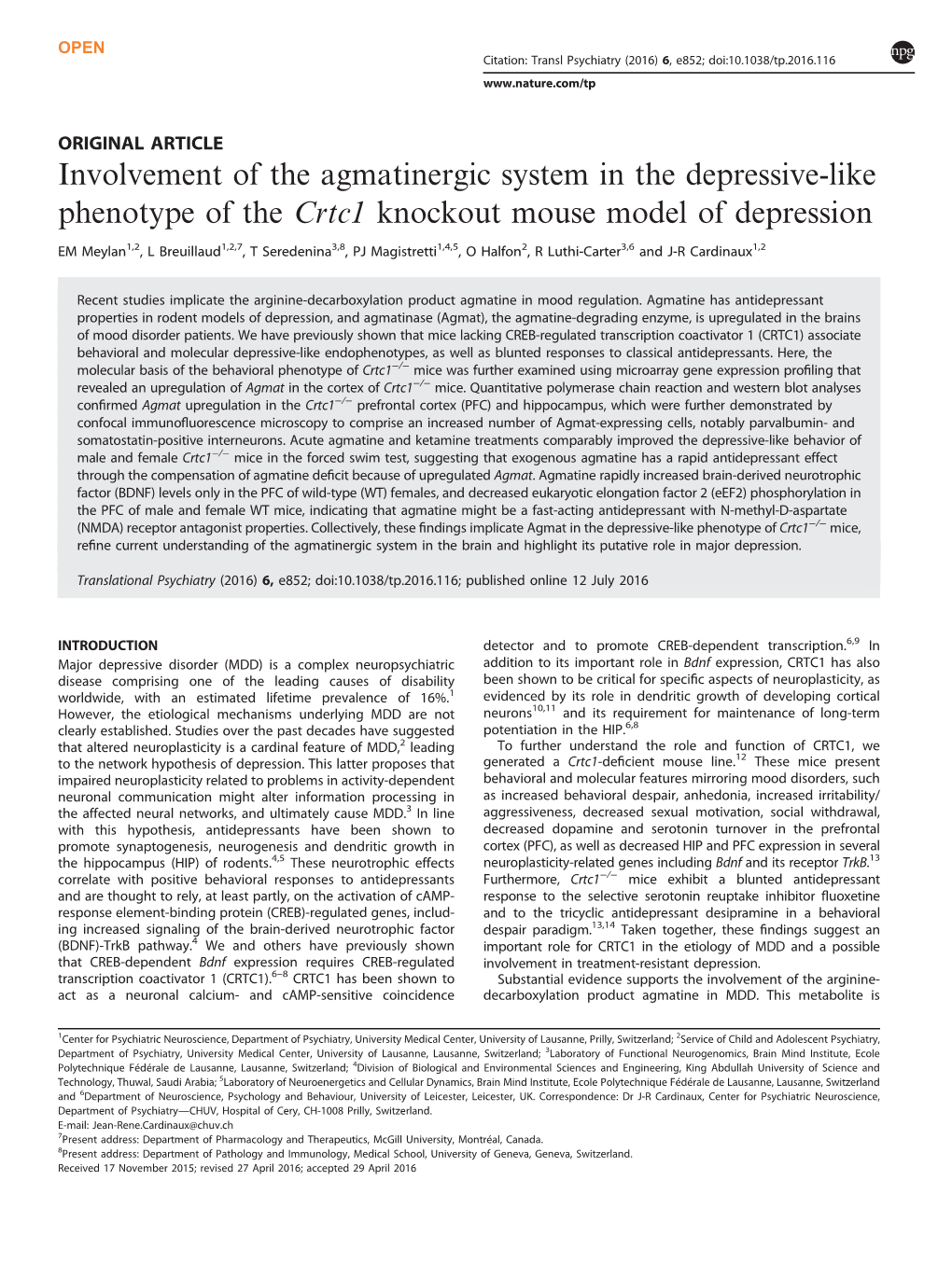 Involvement of the Agmatinergic System in the Depressive-Like Phenotype of the Crtc1 Knockout Mouse Model of Depression