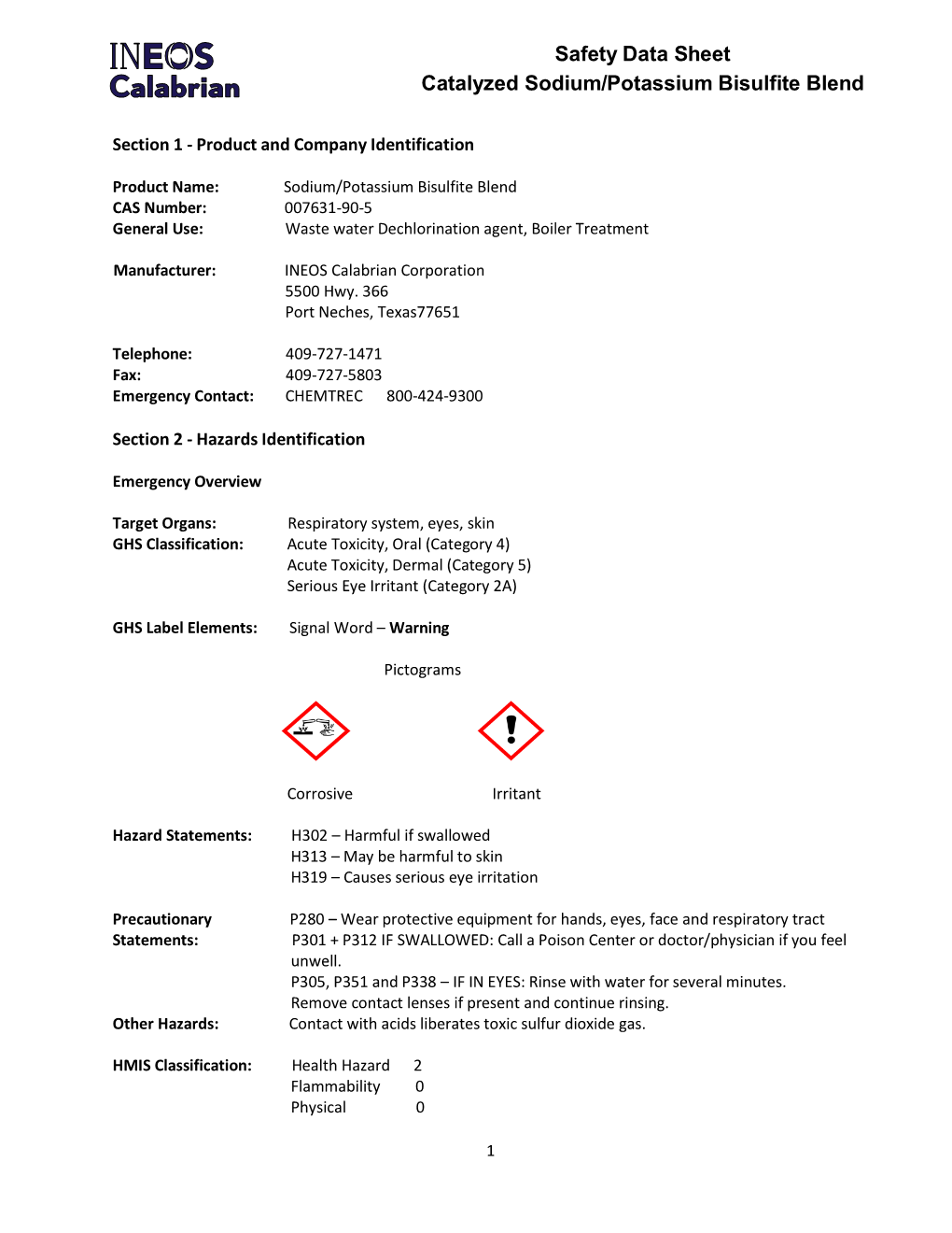 Safety Data Sheet Catalyzed Sodium/Potassium Bisulfite Blend