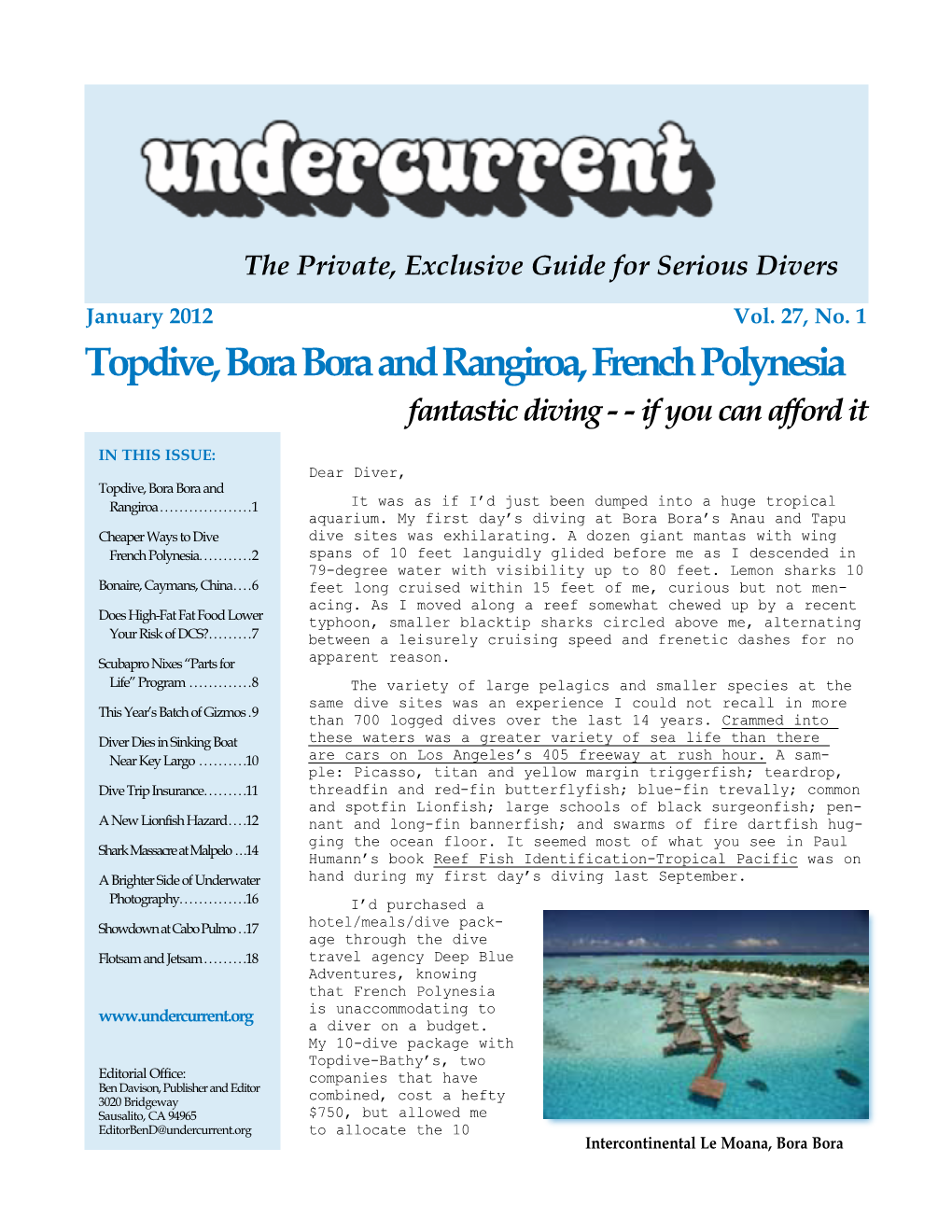 Topdive, Bora Bora and Rangiroa, French Polynesia + [Other Articles] Undercurrent, January 2012