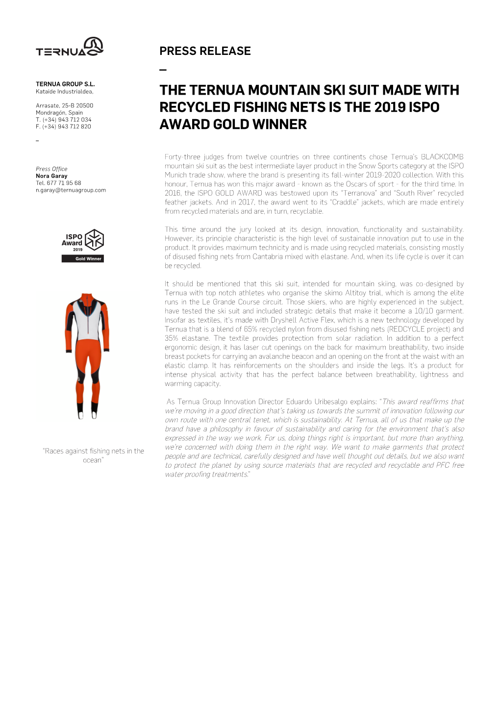 The Ternua Mountain Ski Suit Made with Recycled Fishing Nets Is the 2019 Ispo Award Gold Winner