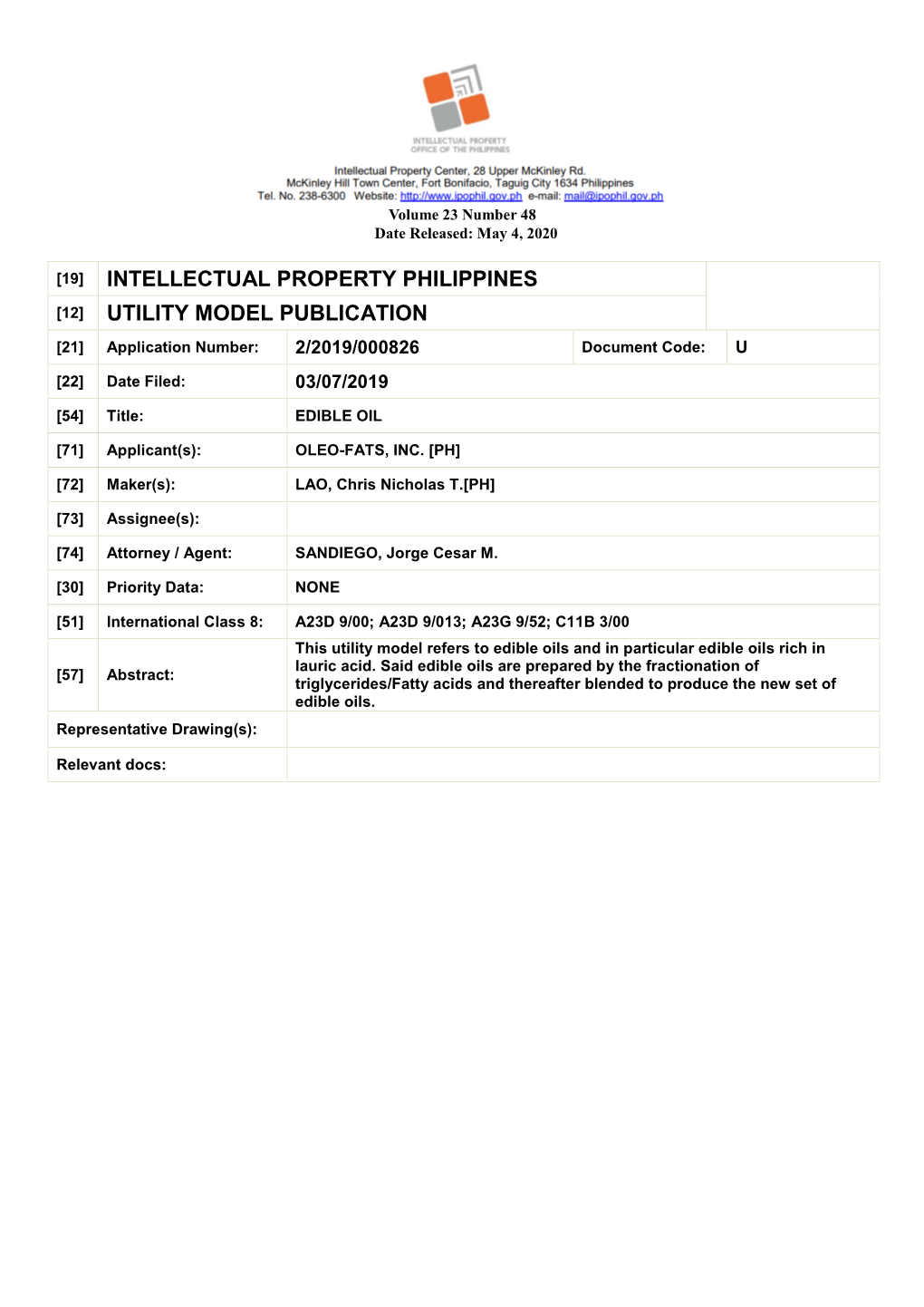 [19] Intellectual Property Philippines [12] Utility Model