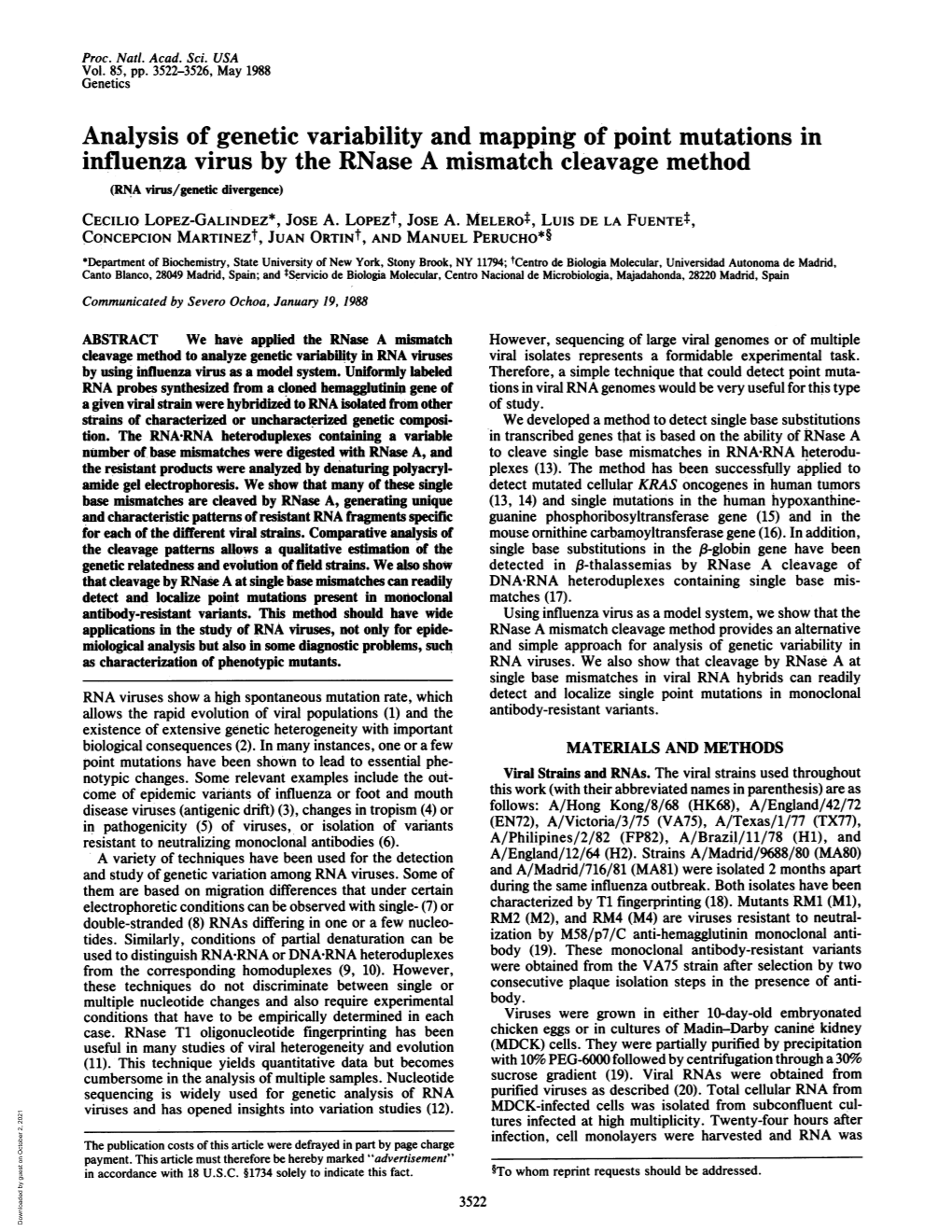 Analysis of Genetic Variability and Mapping of Point Mutations in Influenza Virus by the Rnase a Mismatch Cleavage Method