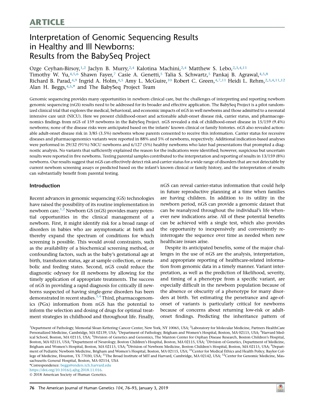 Interpretation of Genomic Sequencing Results in Healthy and Ill Newborns: Results from the Babyseq Project