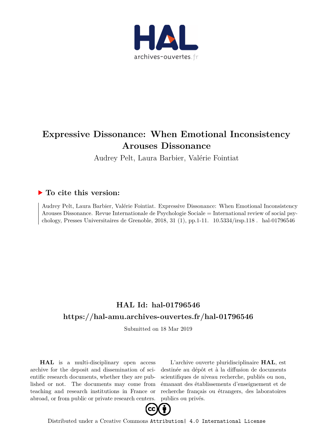 When Emotional Inconsistency Arouses Dissonance Audrey Pelt, Laura Barbier, Valérie Fointiat