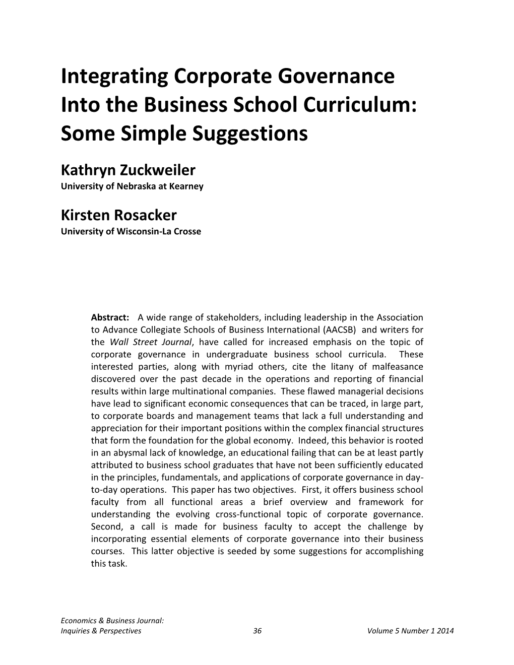 Integrating Corporate Governance Into the Business School Curriculum: Some Simple Suggestions