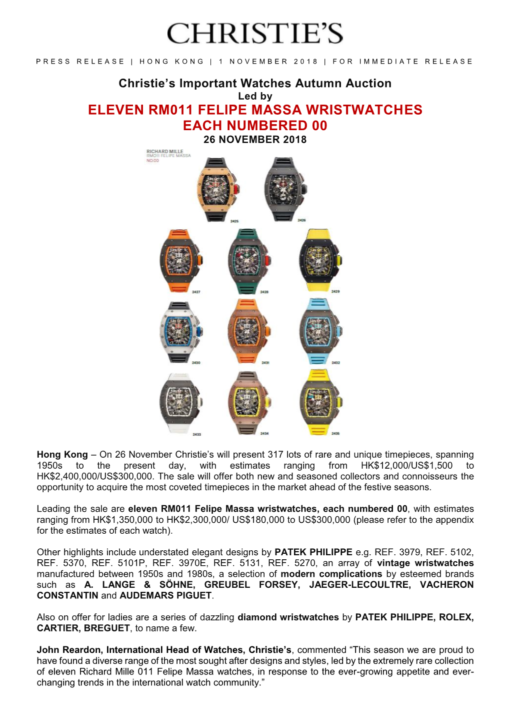 Eleven Rm011 Felipe Massa Wristwatches Each Numbered 00 26 November 2018