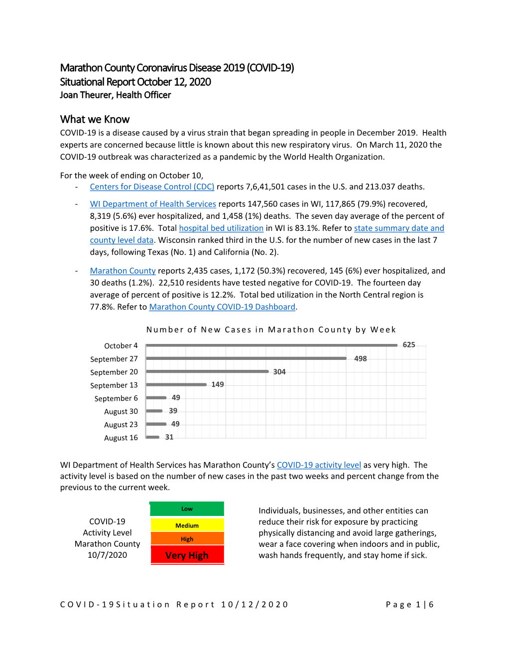 Marathon County Coronavirus Disease 2019 (COVID-19) Situational Report October 12, 2020 What We Know