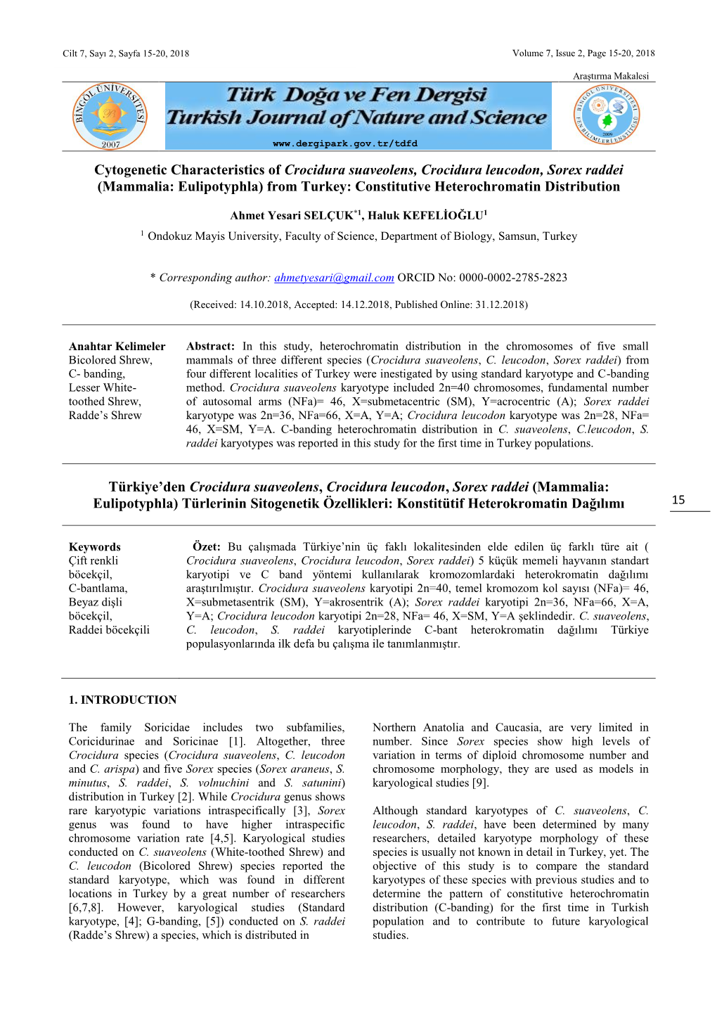 Mammalia: Eulipotyphla) from Turkey: Constitutive Heterochromatin Distribution