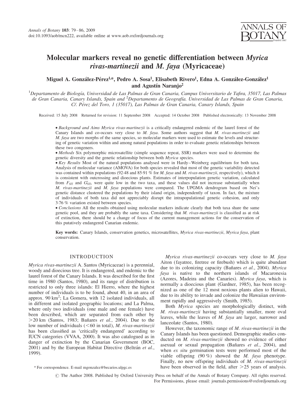 Molecular Markers Reveal No Genetic Differentiation Between Myrica Rivas-Martinezii and M