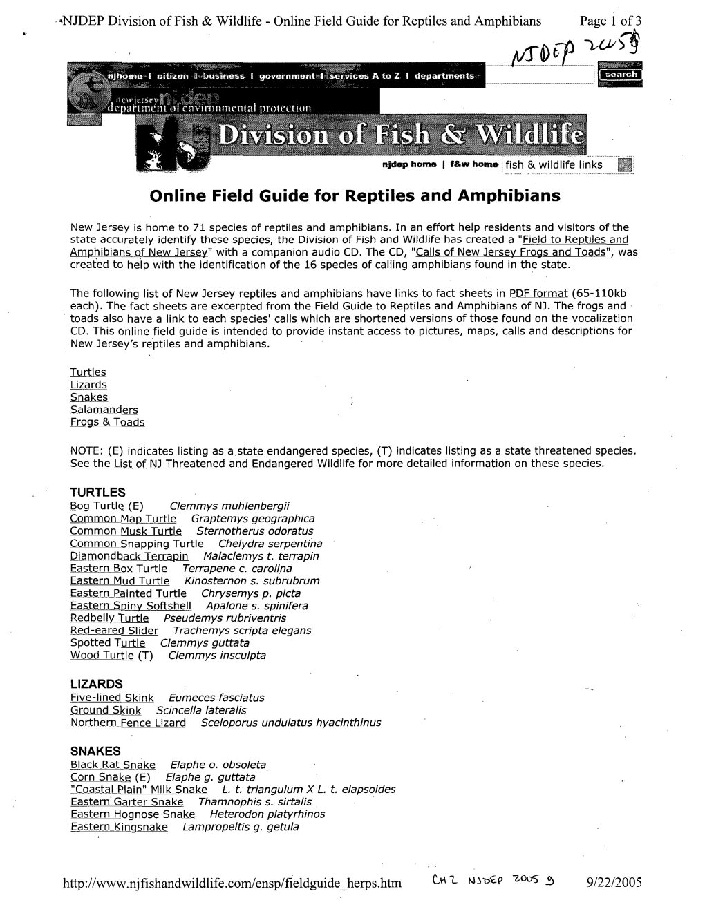 NJ Division of Fish Wildlife: Online Field Guide for Reptiles And