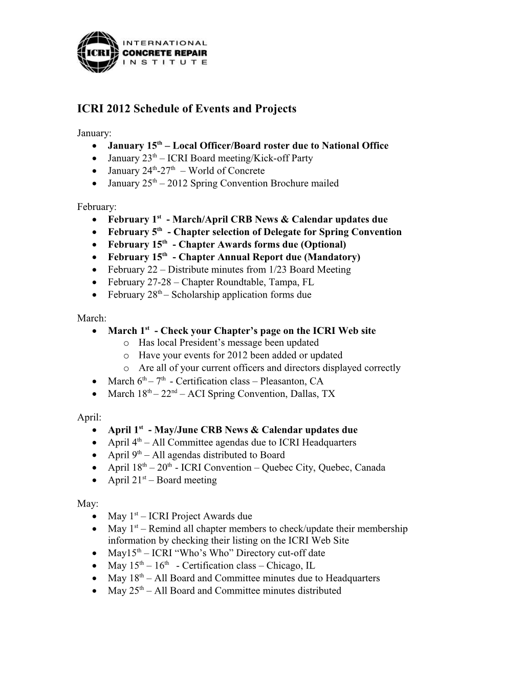 ICRI 2012 Schedule of Events and Projects