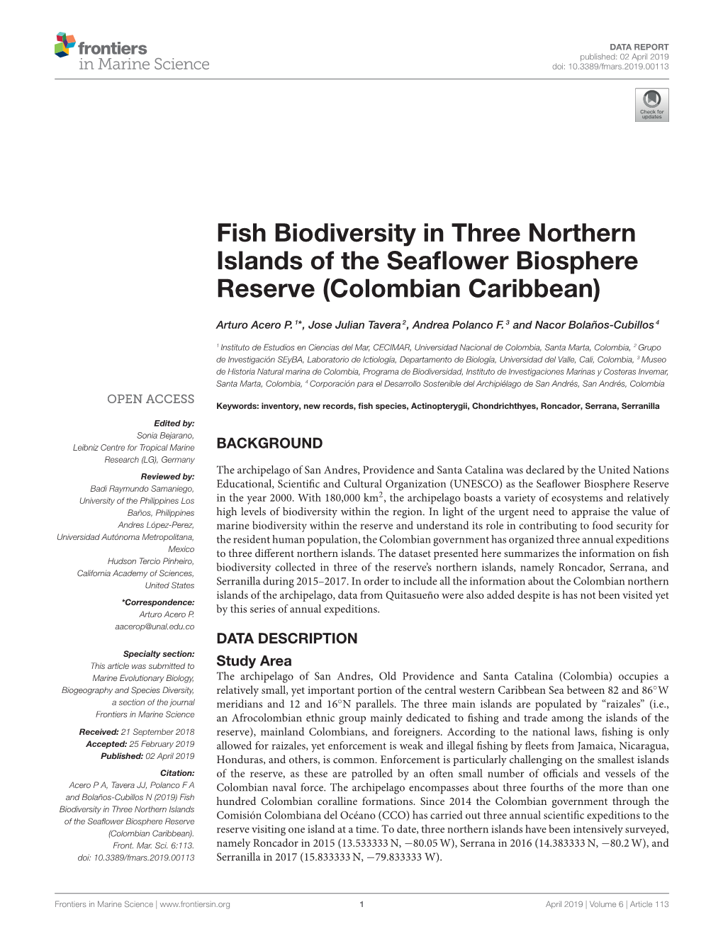 Fish Biodiversity in Three Northern Islands of the Seaflower Biosphere