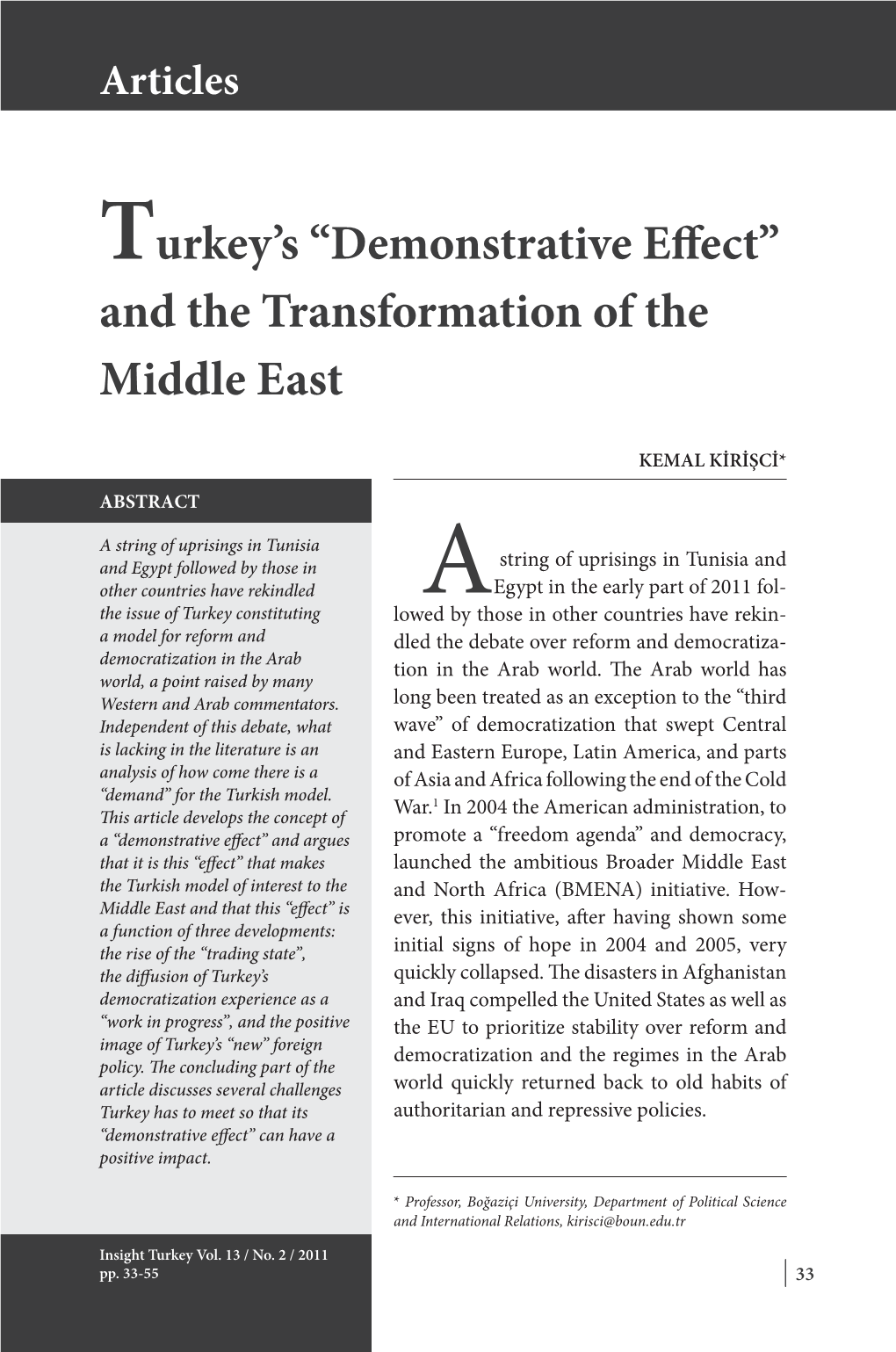 Turkey's “Demonstrative Effect” and the Transformation of the Middle East