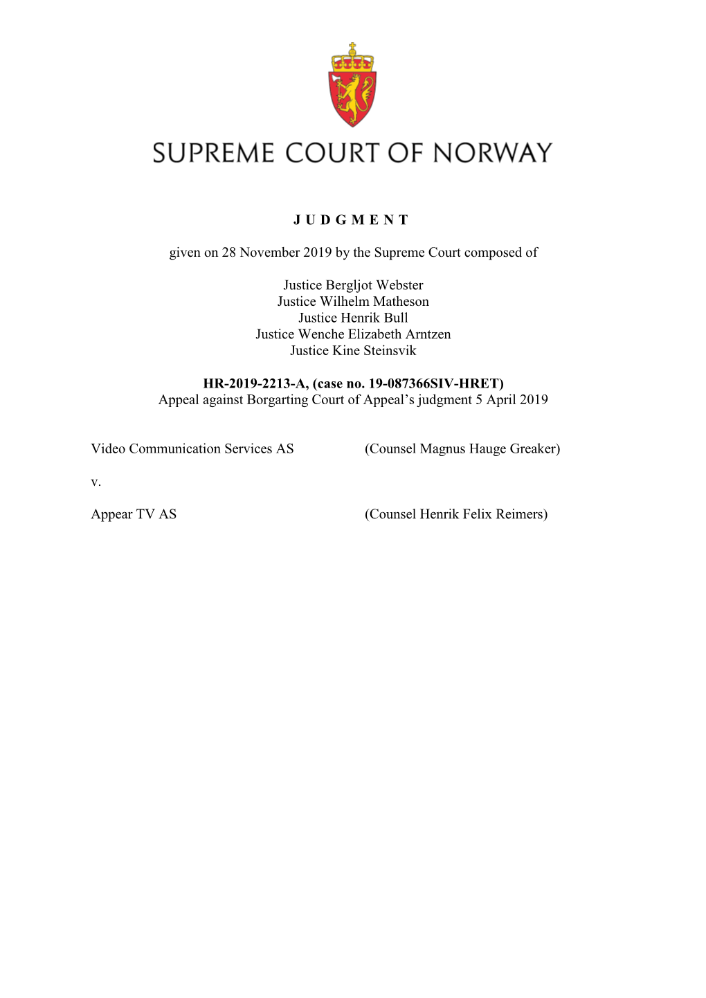 JUDGMENT Given on 28 November 2019 by the Supreme Court