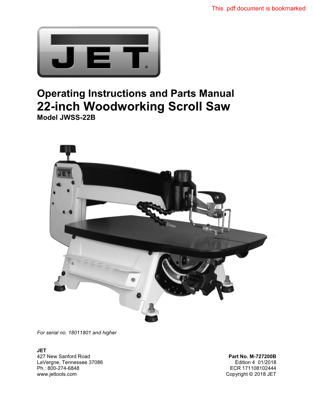 22-Inch Woodworking Scroll Saw Model JWSS-22B