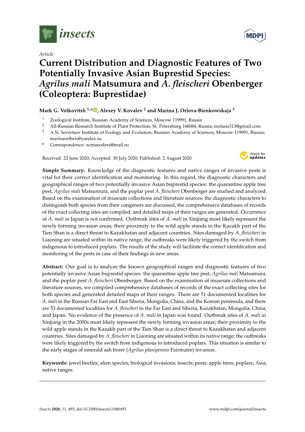 Current Distribution and Diagnostic Features of Two Potentially Invasive Asian Buprestid Species: Agrilus Mali Matsumura and A