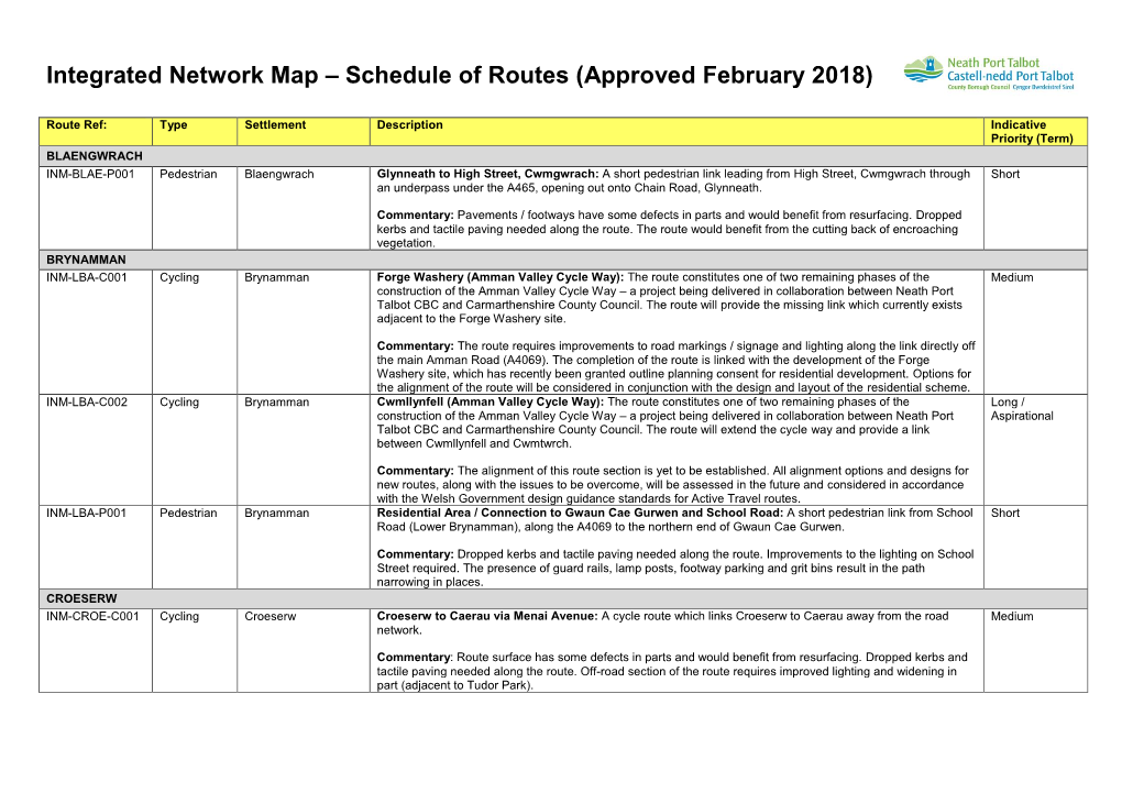 Schedule of Routes (Approved February 2018)