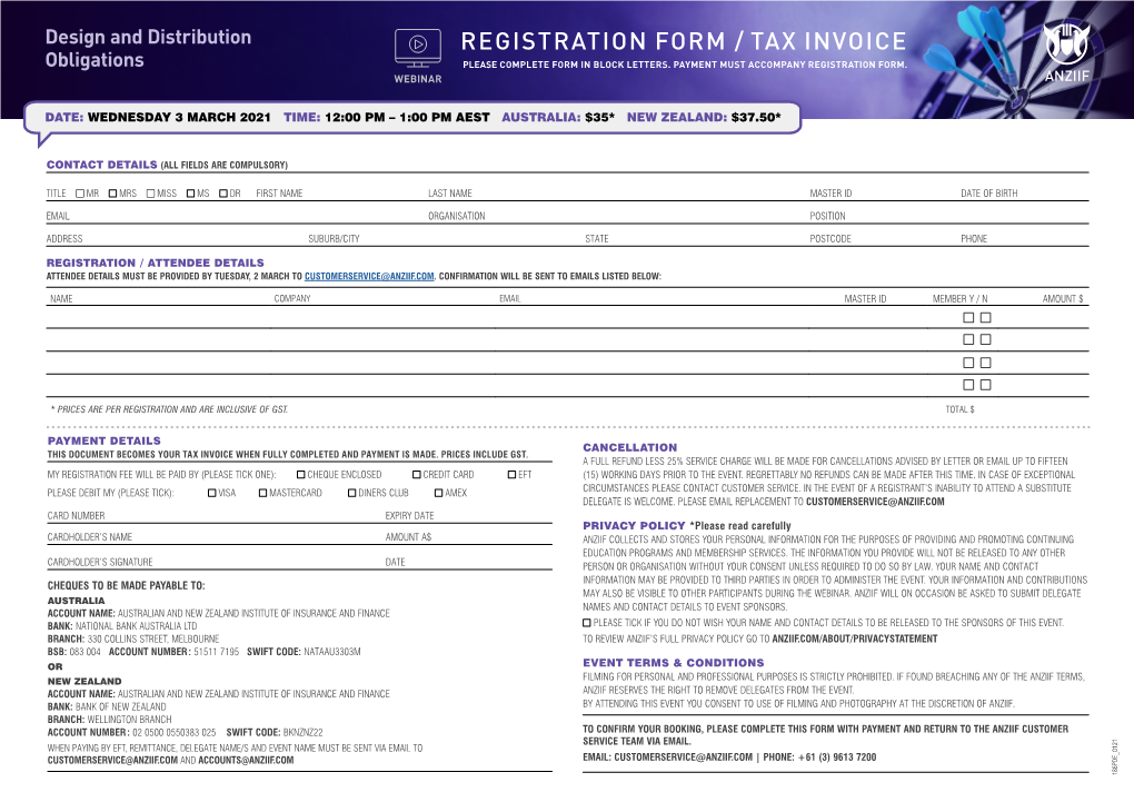REGISTRATION FORM / TAX INVOICE Obligations PLEASE COMPLETE FORM in BLOCK LETTERS
