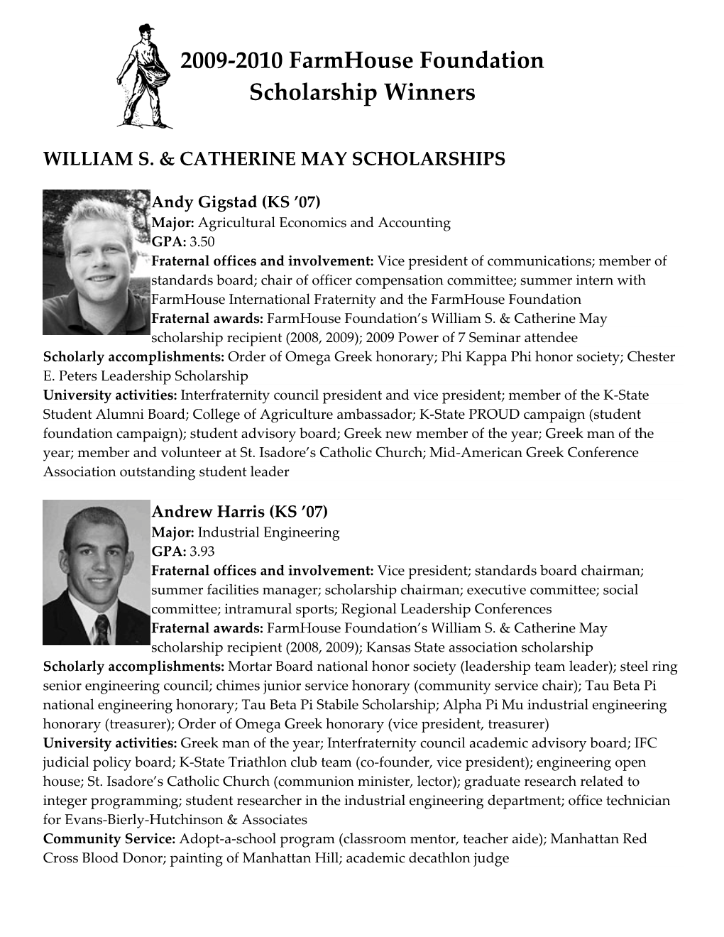 2009-2010 Farmhouse Foundation Scholarship Winners