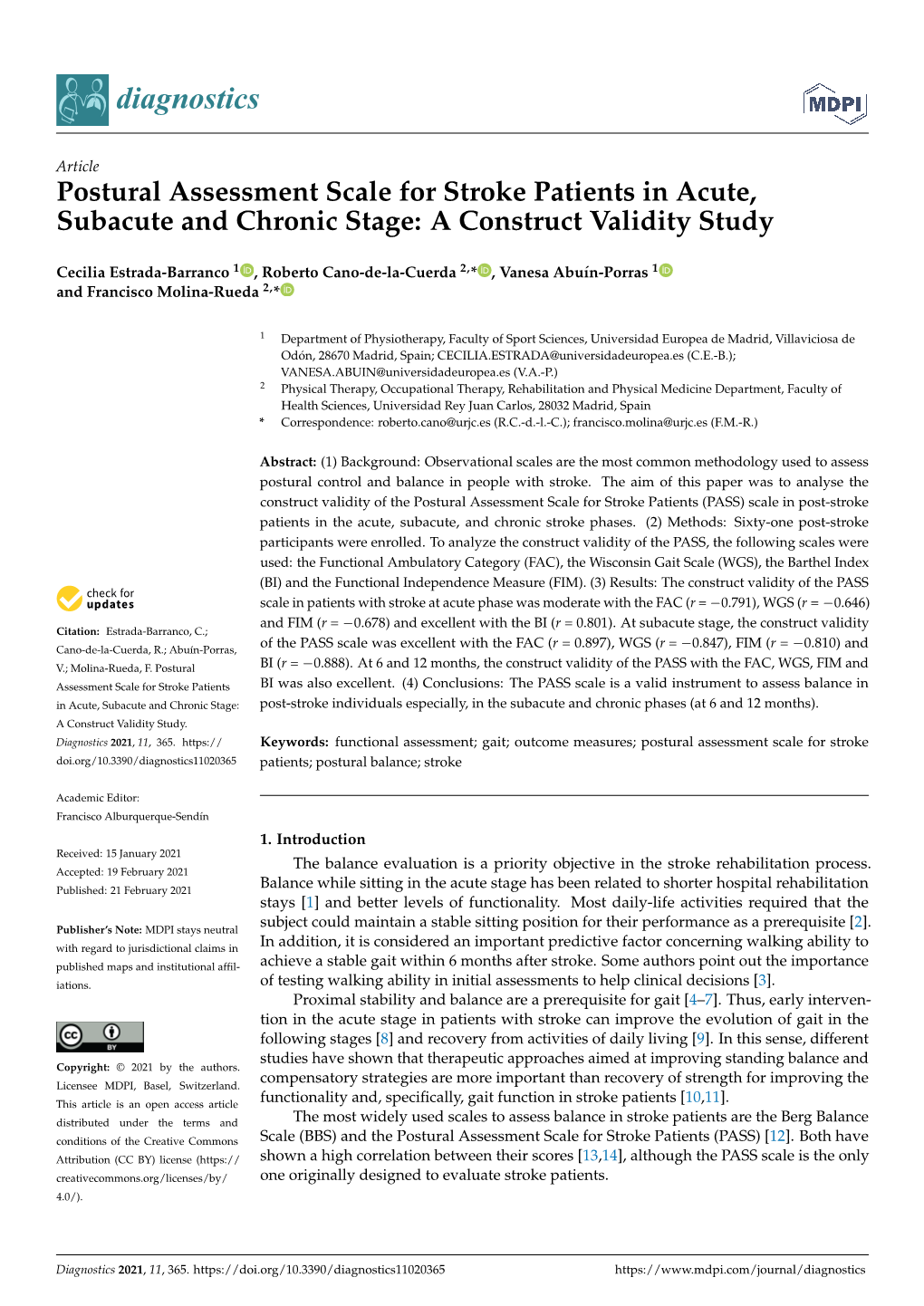 Postural Assessment Scale for Stroke Patients in Acute, Subacute and Chronic Stage: a Construct Validity Study