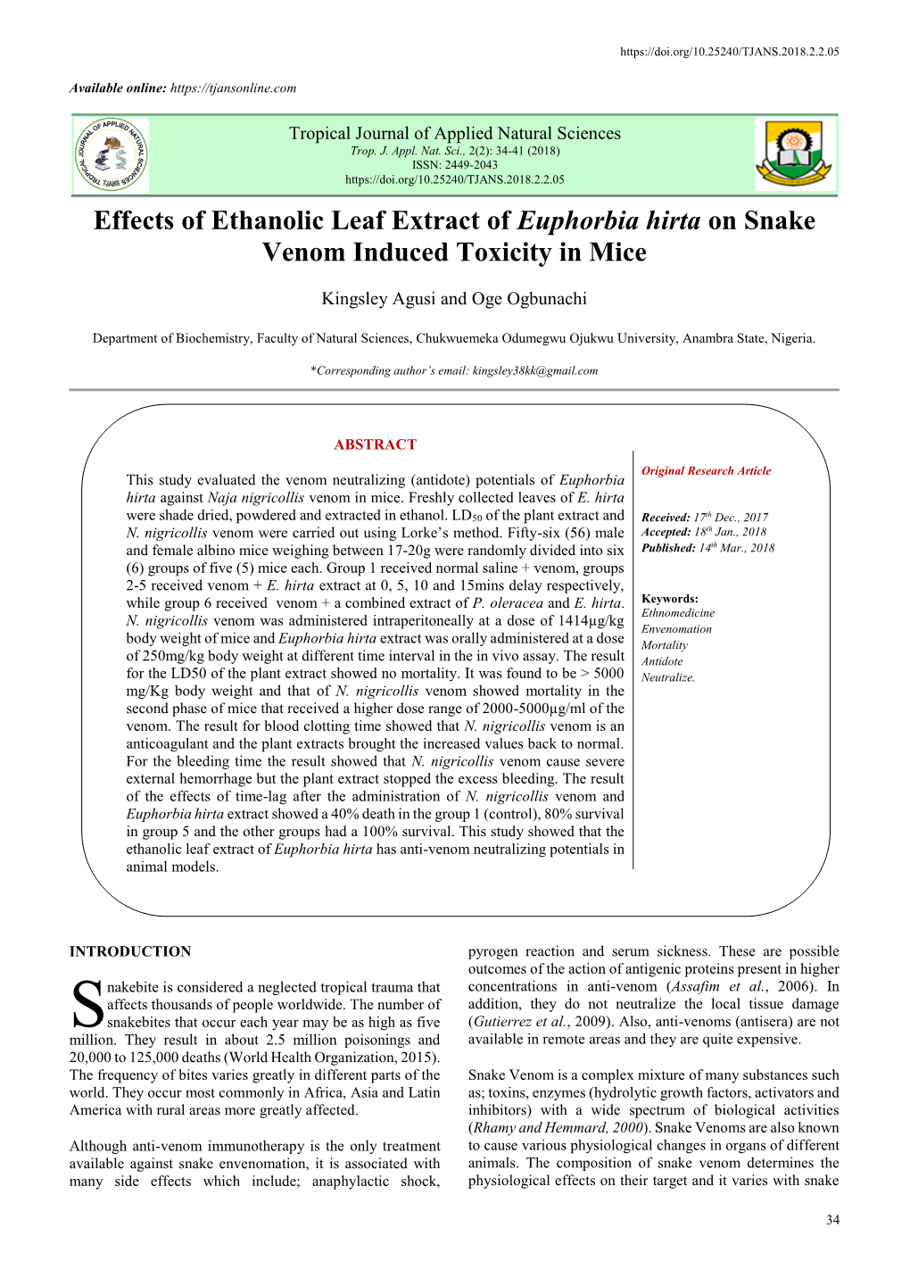 Effects of Ethanolic Leaf Extract of Euphorbia Hirta on Snake Venom Induced Toxicity in Mice