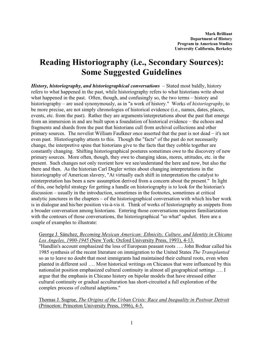 Reading Historiography (I.E., Secondary Sources): Some Suggested Guidelines