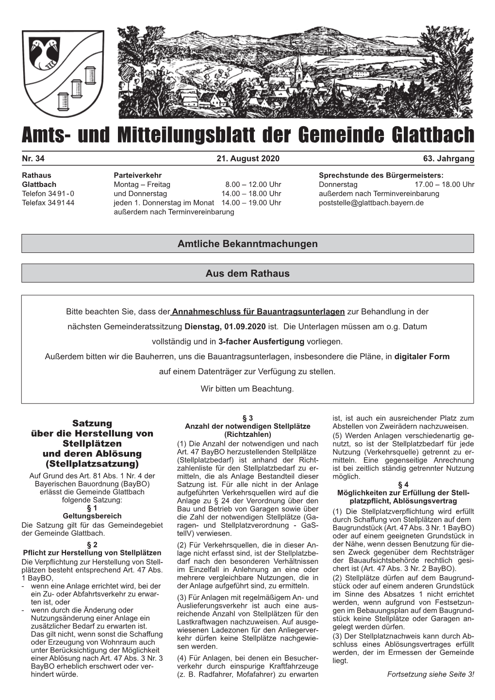 Amts- Und Mitteilungsblatt Der Gemeinde Glattbach Nr