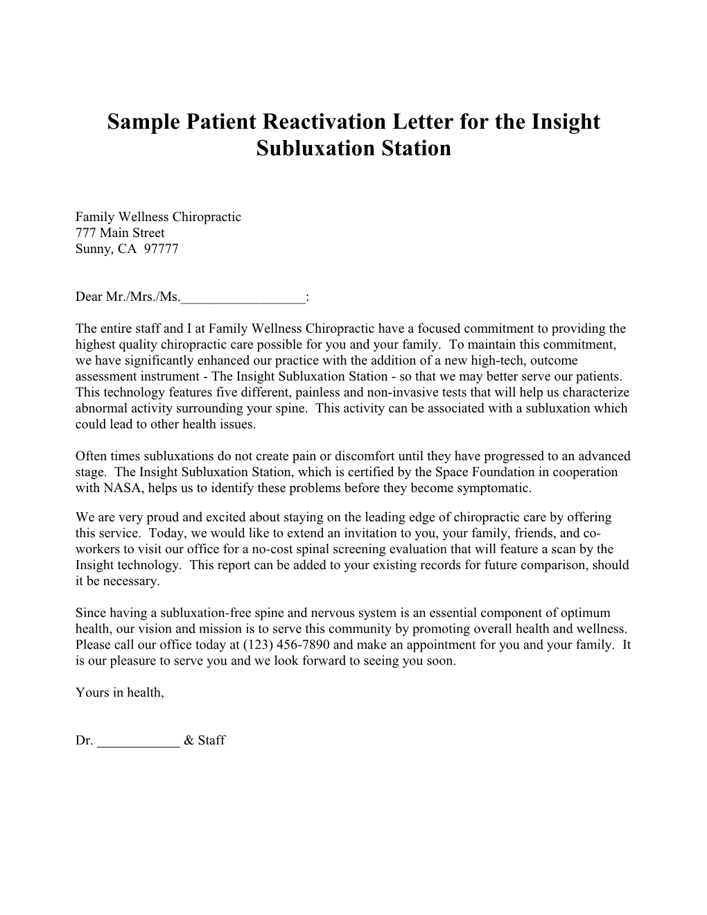 Sample Patient Reactivation Letter for the Insight Subluxation Station