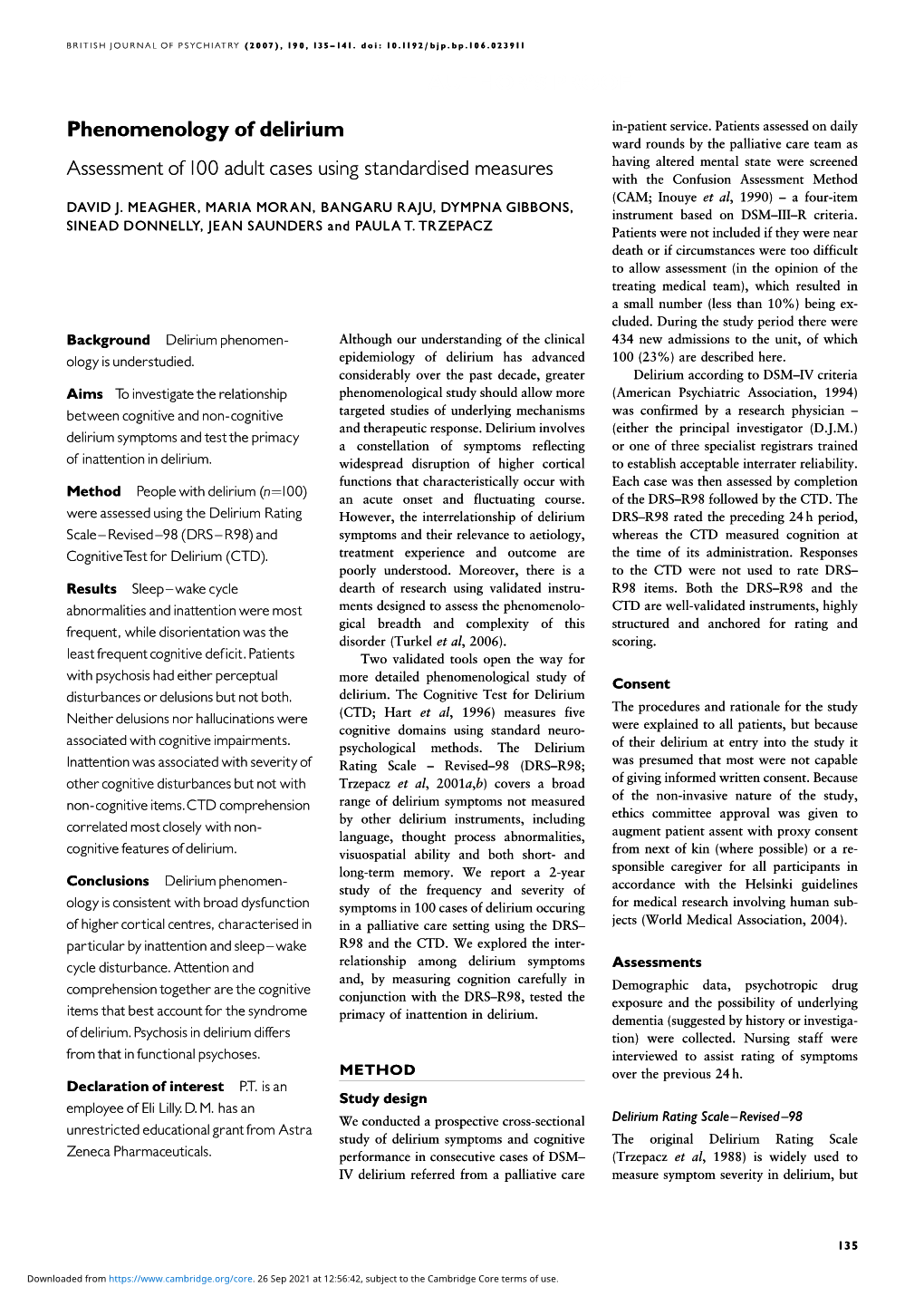 Phenomenology of Delirium Assessment of 100 Adult Cases