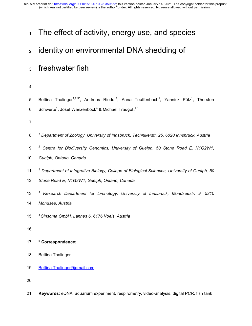 The Effect of Activity, Energy Use, and Species Identity on Environmental DNA Shedding of Freshwater Fish