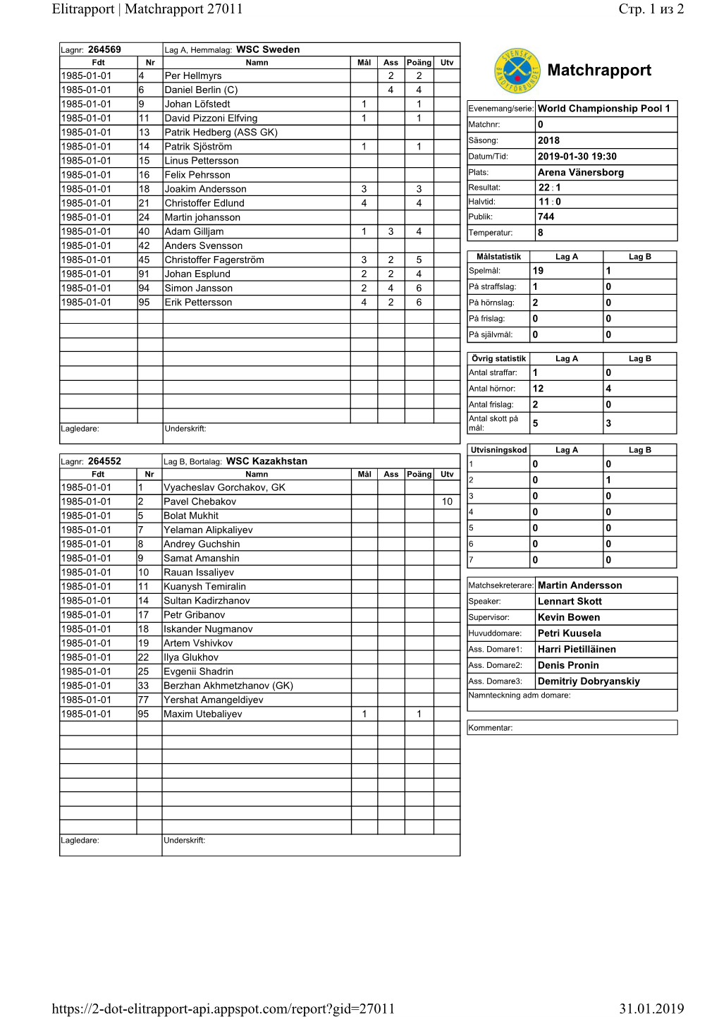 Matchrapport 27011 Стр