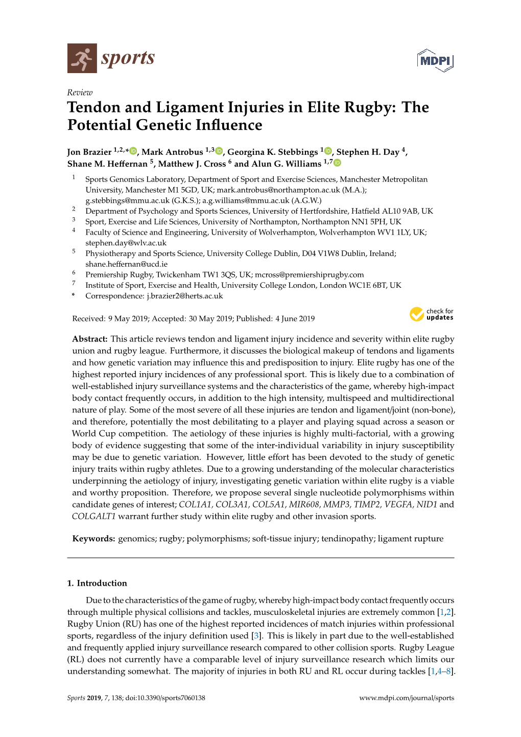 Tendon and Ligament Injuries in Elite Rugby: the Potential Genetic Inﬂuence