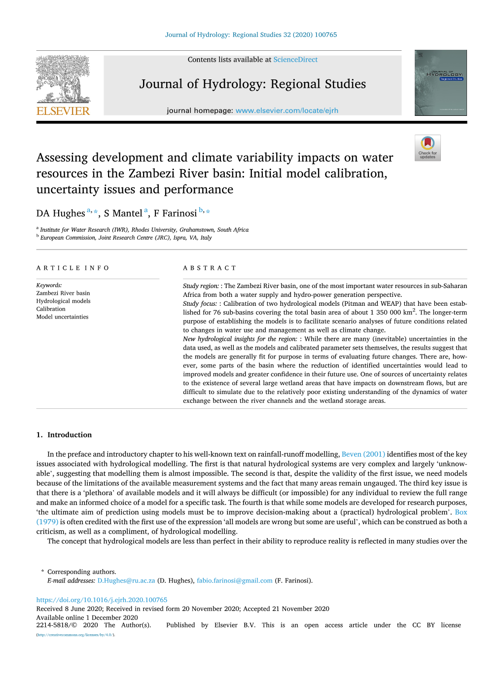 Assessing Development and Climate Variability Impacts on Water Resources in the Zambezi River Basin: Initial Model Calibration, Uncertainty Issues and Performance