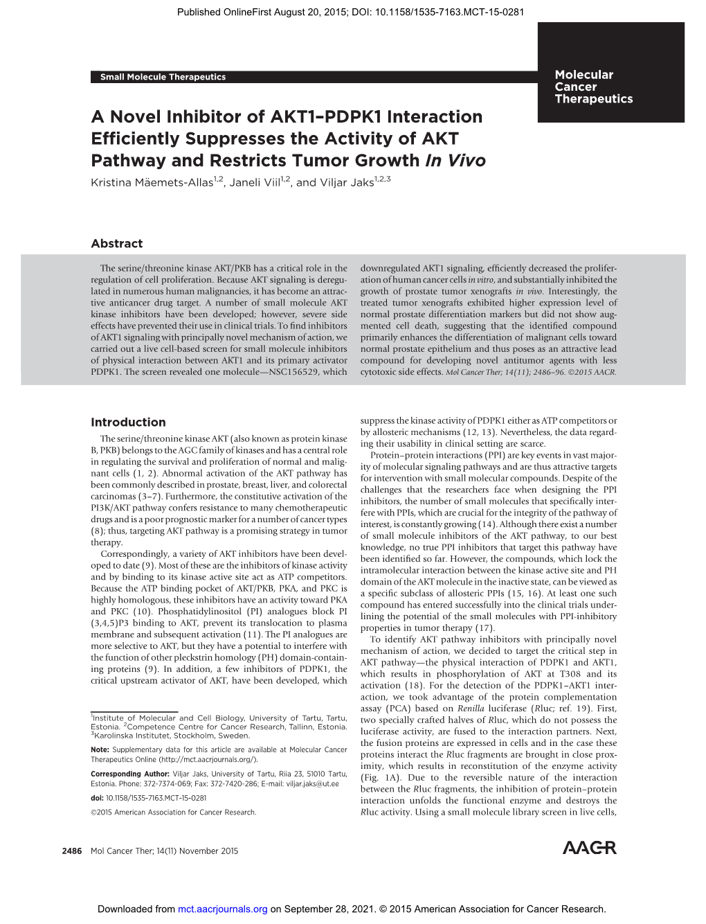 A Novel Inhibitor of AKT1–PDPK1 Interaction Efficiently Suppresses