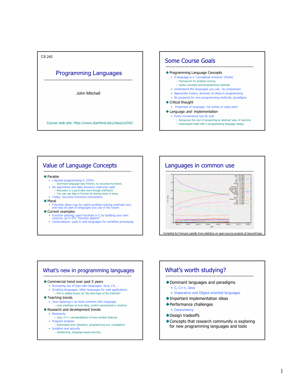 Programming Languages Some Course Goals Value of Language