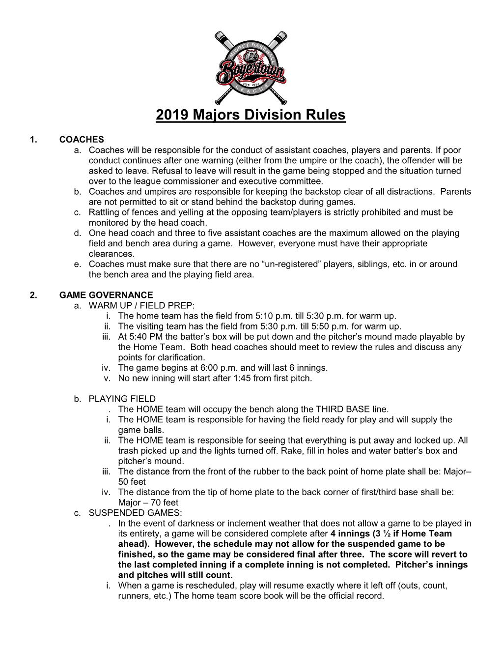 2019 Majors Division Rules