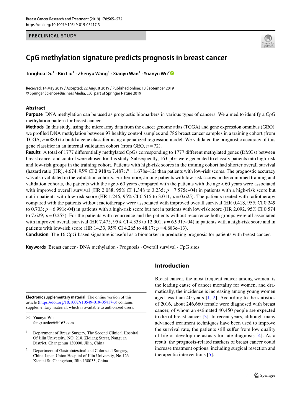 Cpg Methylation Signature Predicts Prognosis in Breast Cancer