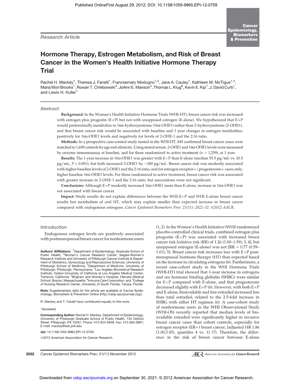 Hormone Therapy, Estrogen Metabolism, and Risk of Breast Cancer in the Women's Health Initiative Hormone Therapy Trial