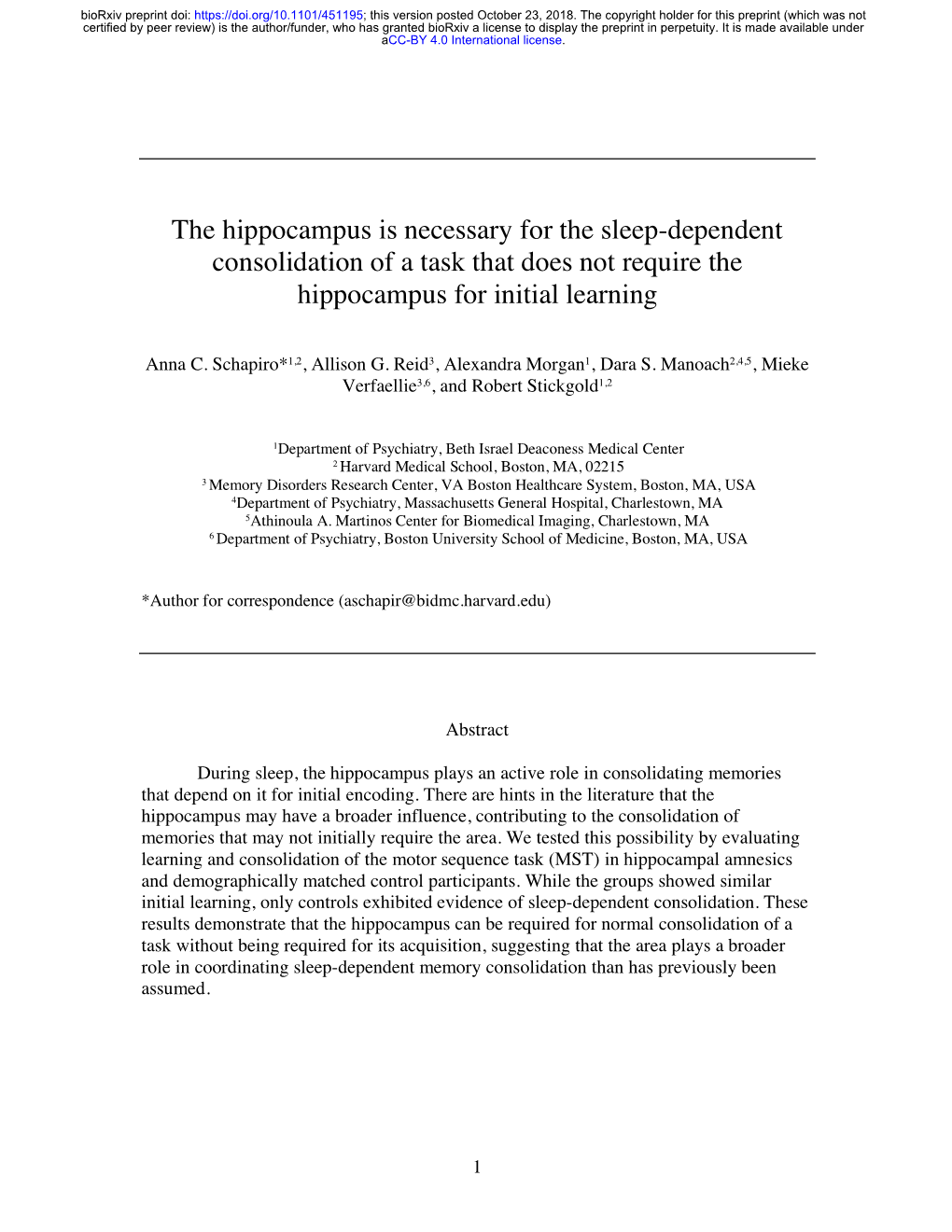 The Hippocampus Is Necessary for the Sleep-Dependent Consolidation of a Task That Does Not Require the Hippocampus for Initial Learning