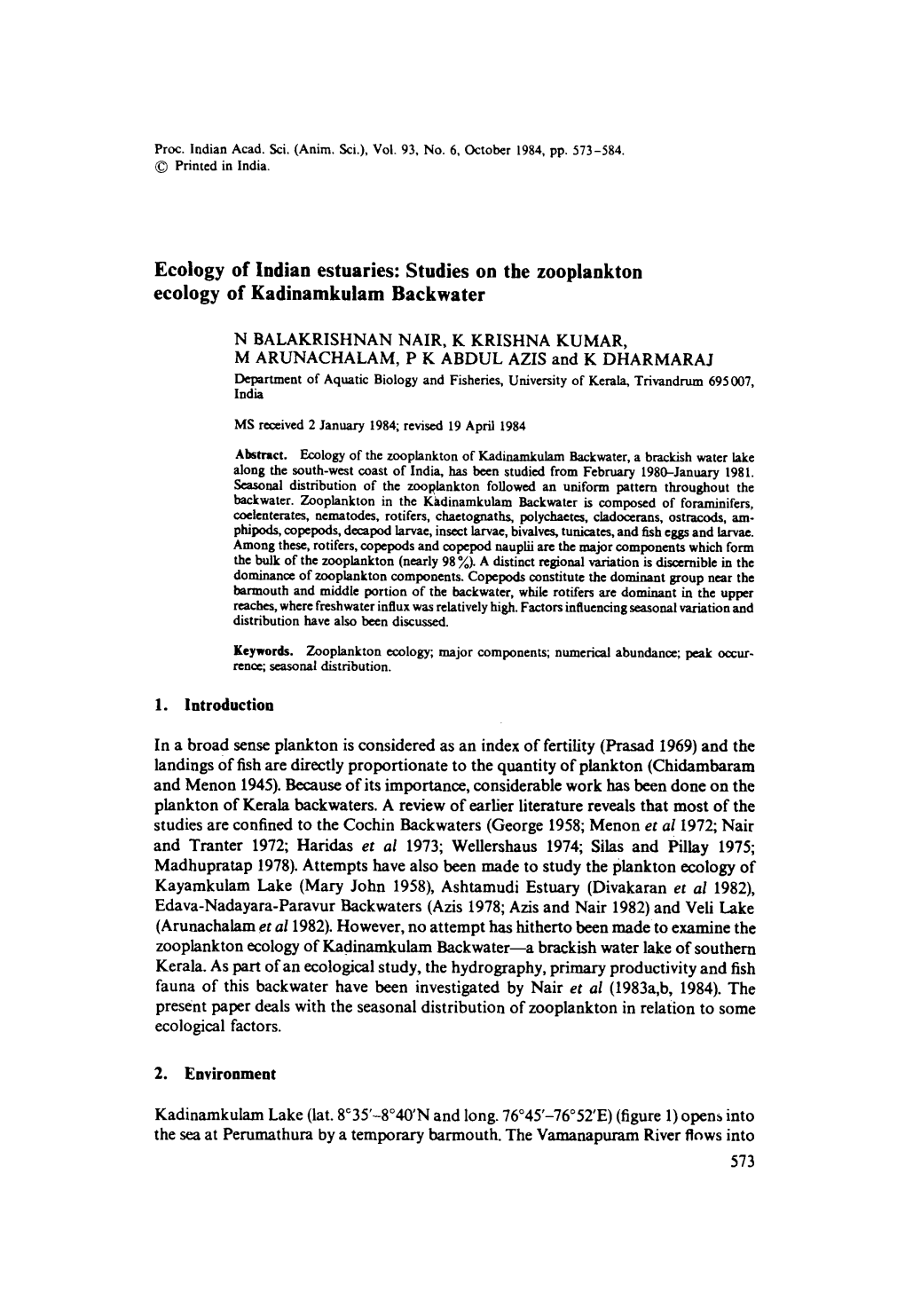 Studies on the Zooplankton Ecology of Kadinamkulam Backwater