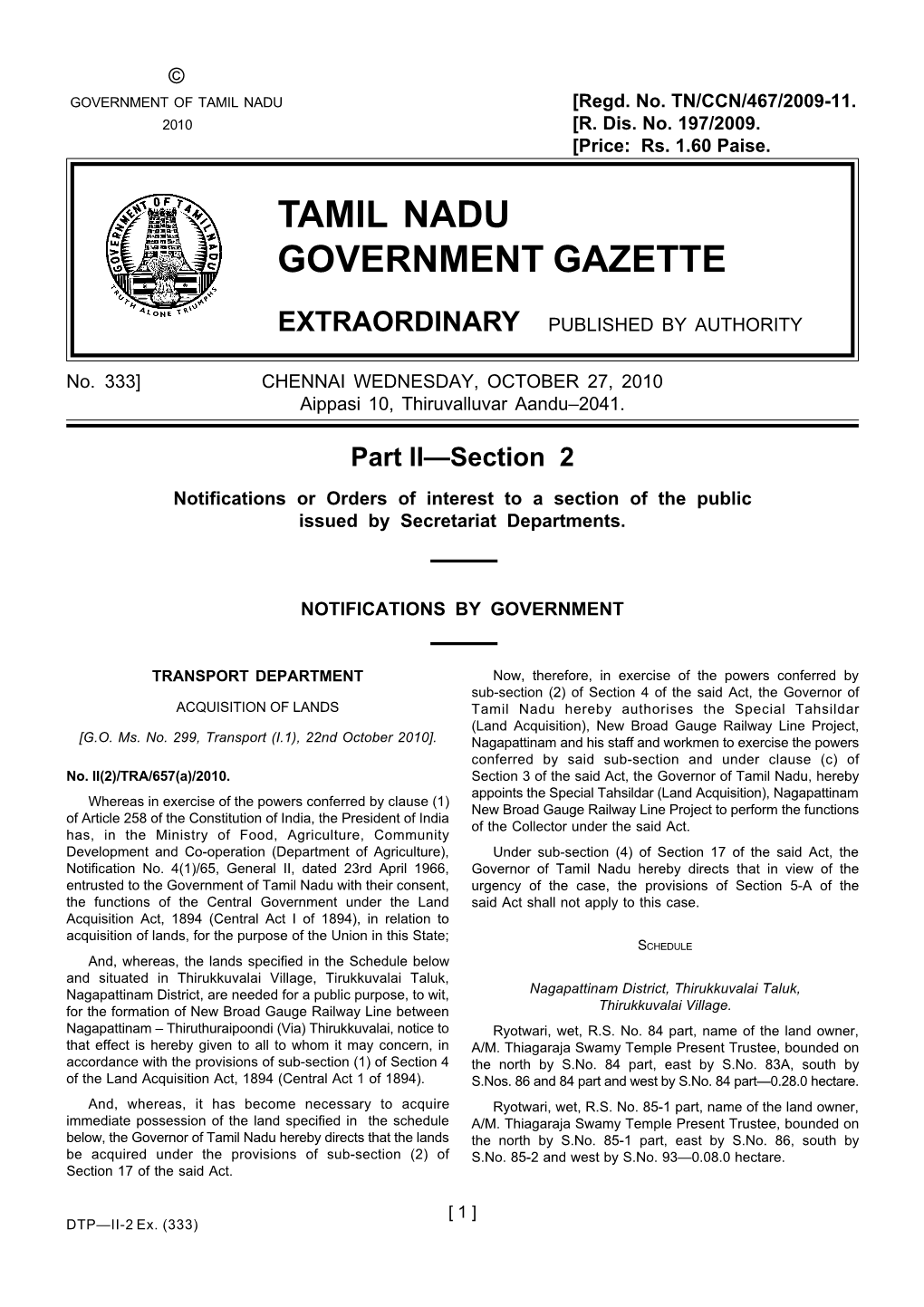 333] CHENNAI WEDNESDAY, OCTOBER 27, 2010 Aippasi 10, Thiruvalluvar Aandu–2041