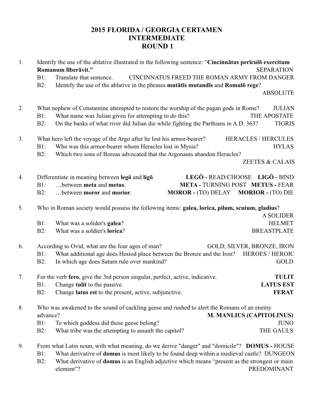 2015 Florida / Georgia Certamen Intermediate Round 1